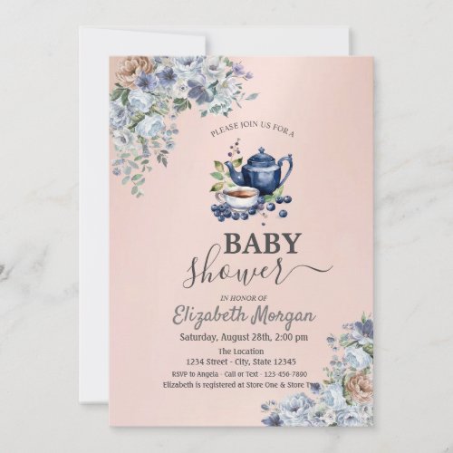 Watercolor Teapot  Blueberry Floral Baby Shower Invitation