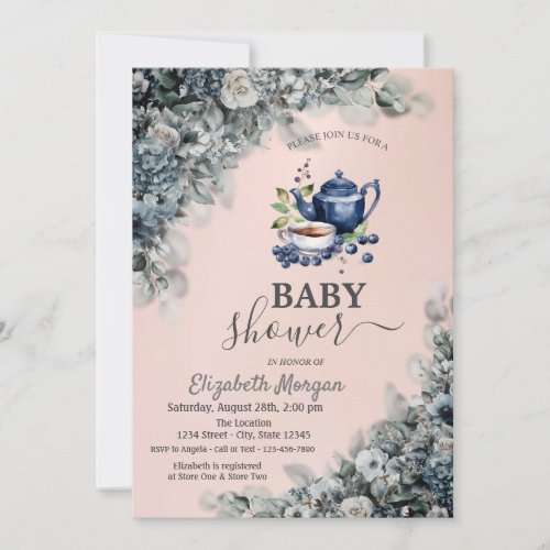 Watercolor Teapot  Blueberry Flowers Baby Shower Invitation