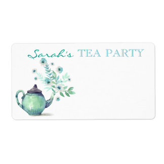 Watercolor Teapot Flower Stream Mint Aqua Label