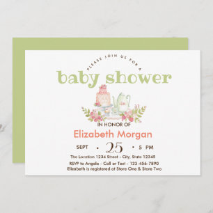 Watercolor Teapot Flowers Baby Shower Invitation