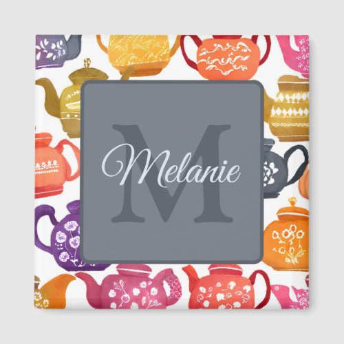 Watercolor Teapot Pattern Peronalised Monogram Magnet