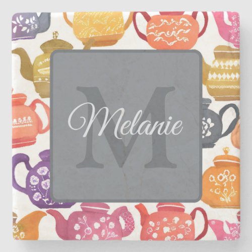 Watercolor Teapot Pattern Peronalised Monogram Stone Coaster