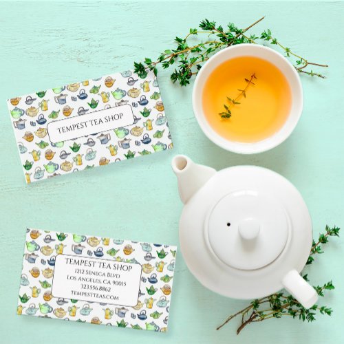 Watercolor Teapot Pattern Quaint Elegant Tea Shop Business Card