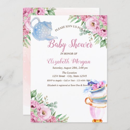 Watercolor Teapot Tea cup Floral Baby Shower   Invitation