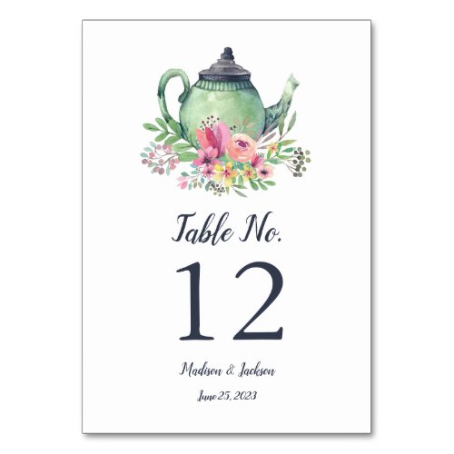 Watercolor Teapot Wedding Table Number