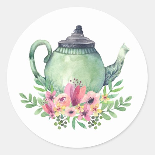 Watercolor Teapot with Floral Bouquet Classic Round Sticker