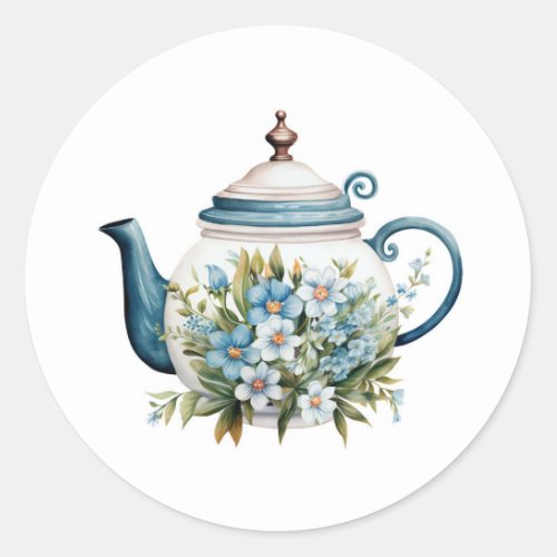 Watercolor Teapot with white Blue Floral Classic Classic Round Sticker