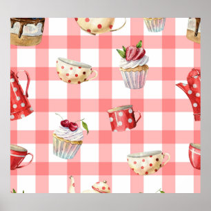 Watercolor Teapots: Cupcakes Seamless Pattern Poster