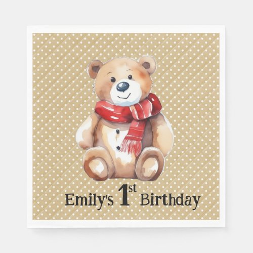 Watercolor Teddy Bear 1st Birthday Napkins