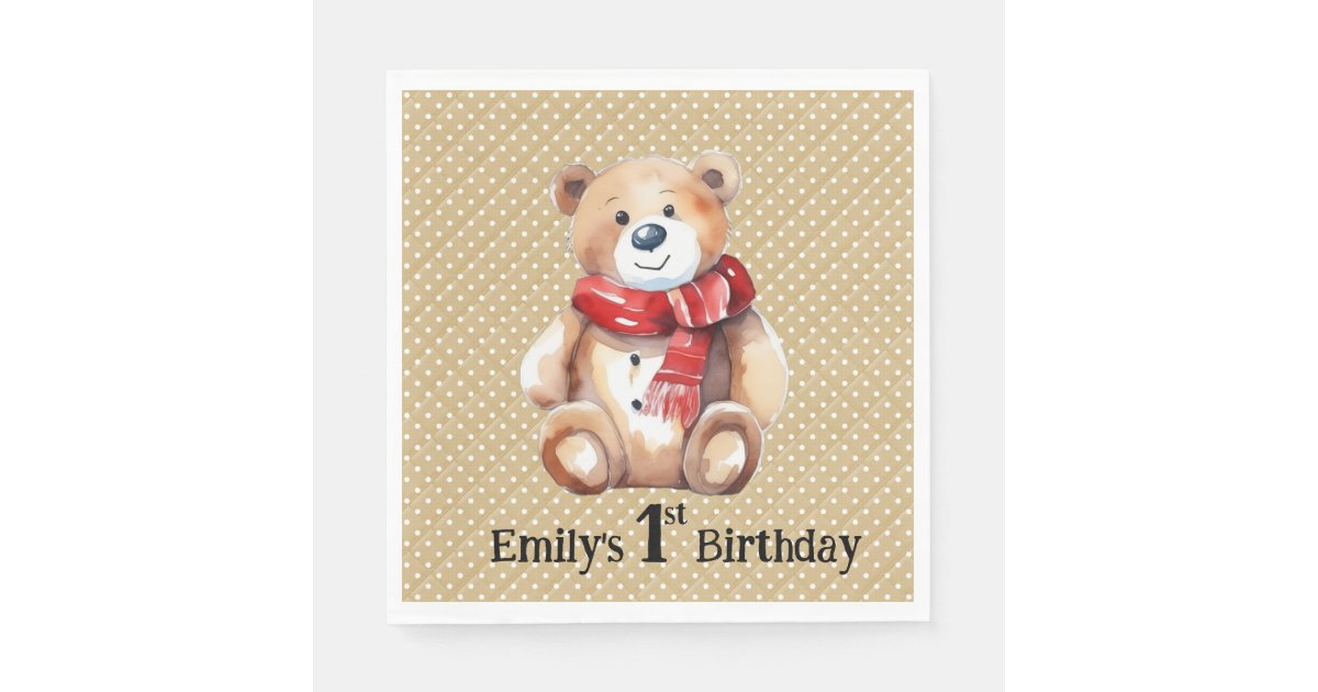 Watercolor Teddy Bear 1st Birthday Napkins | Zazzle