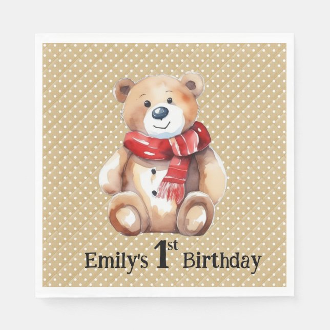 Watercolor Teddy Bear 1st Birthday Napkins (Front)