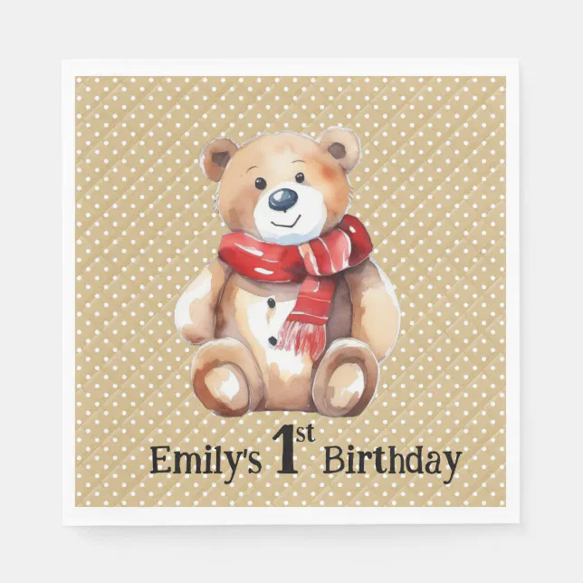 Watercolor Teddy Bear 1st Birthday Napkins | Zazzle