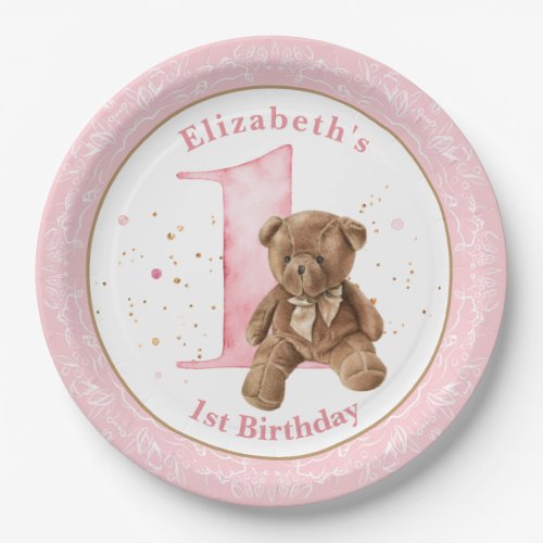 Watercolor Teddy Bear 1st Birthday Paper Plate
