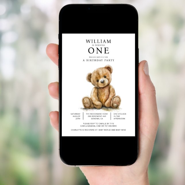 Watercolor Teddy Bear 1st Birthday Party Invitation (Front Digital)