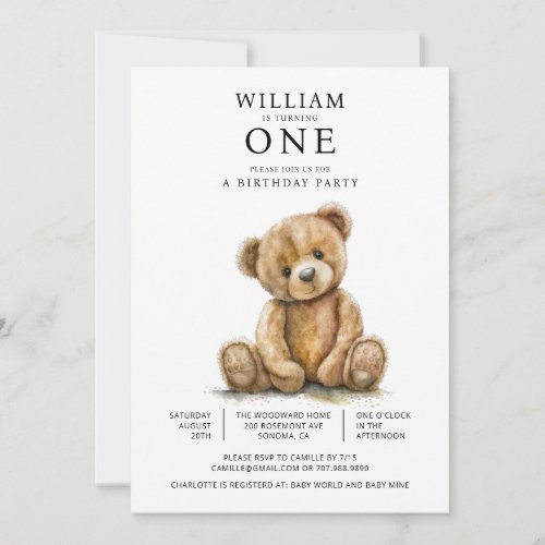 Watercolor Teddy Bear 1st Birthday Party Invitation