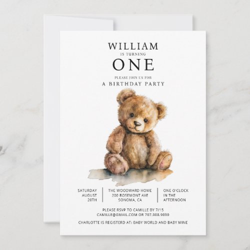 Watercolor Teddy Bear 1st Birthday Party