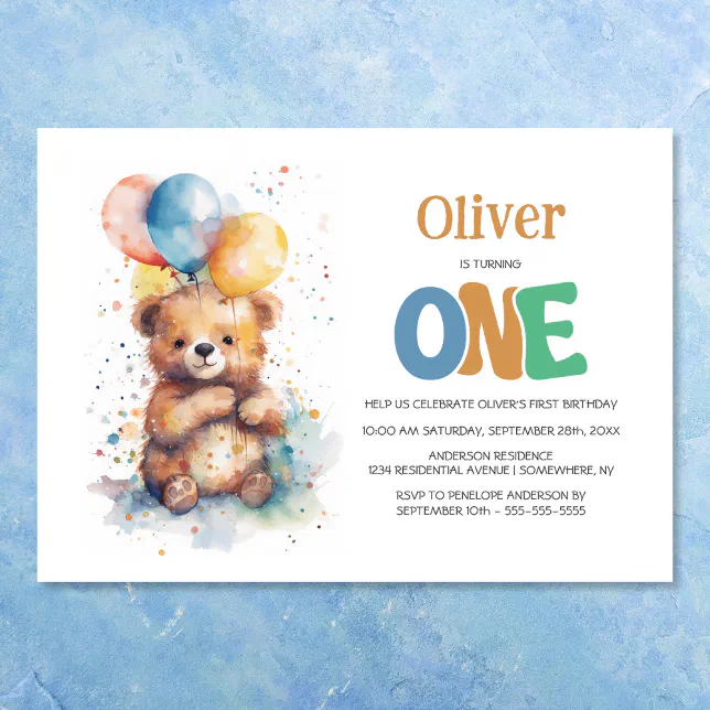 Watercolor Teddy Bear 1st Birthday Party Invitation | Zazzle