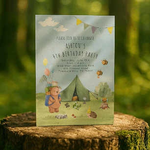Watercolor Teddy Bear, Adventure birthday Invitation