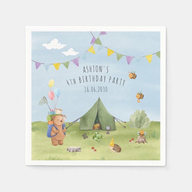 Watercolor Teddy Bear, Adventure birthday Napkins (Front)