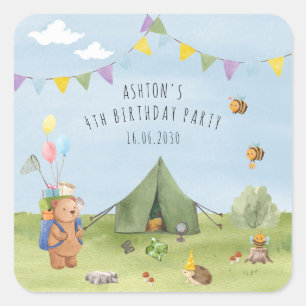 Watercolor Teddy Bear, Adventure birthday Square Sticker