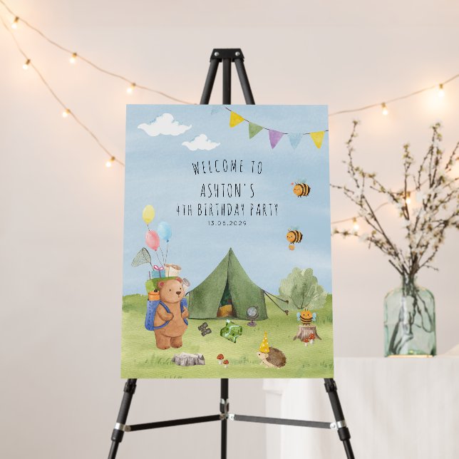 Watercolor Teddy Bear, Adventure birthday welcome  Foam Board (In Situ (Stand))
