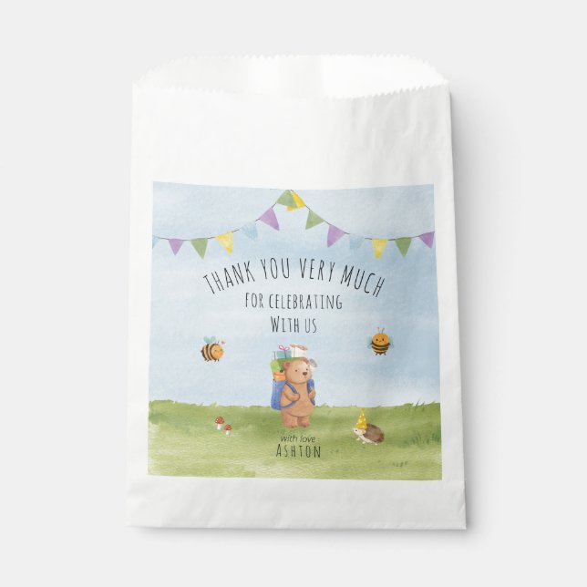 Watercolor teddy bear, adventure thank you favor bag (Front)