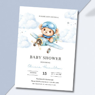 Watercolor Teddy Bear Airplane Baby Shower Invitation