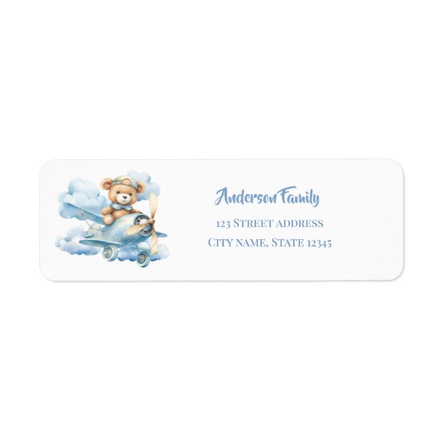 Watercolor Teddy Bear Airplane Label (Front)