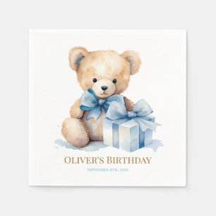 Watercolor Teddy Bear and Gift First Birthday Napkins