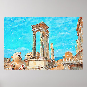 Watercolor Teddy Bear at Ancient Ruins  Poster