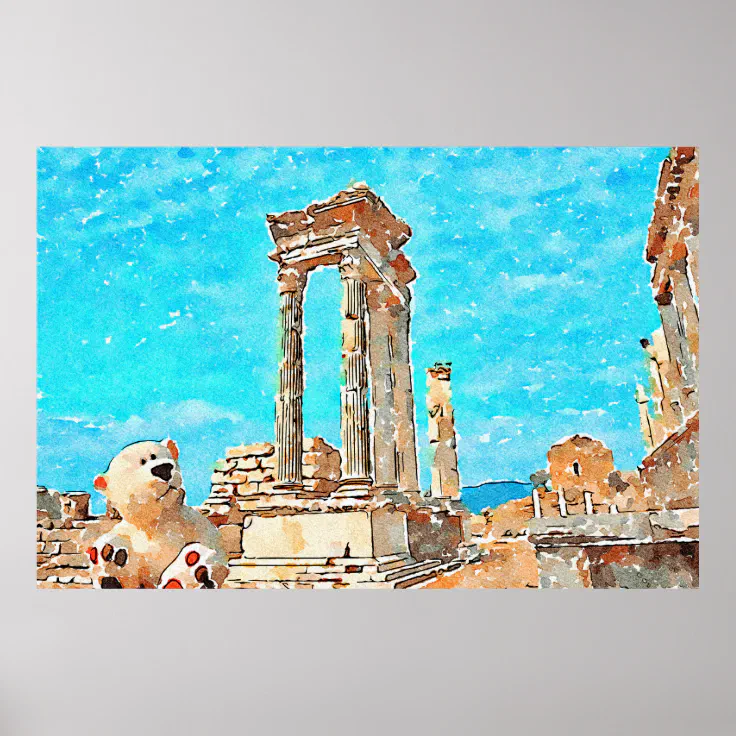 Watercolor Teddy Bear at Ancient Ruins  Poster (Front)