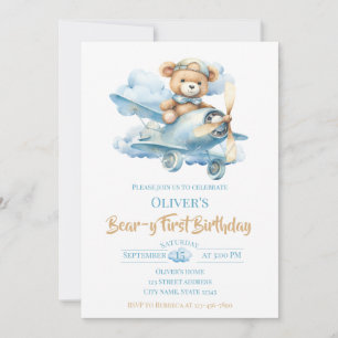 Watercolor Teddy Bear Aviator Bear-y First Birthda Invitation