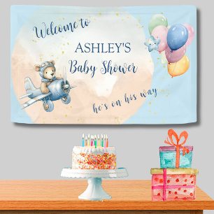 Watercolor Teddy Bear Aviator Boy Baby Shower Banner