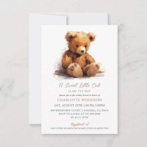 Watercolor Teddy Bear Baby Shower Invitation