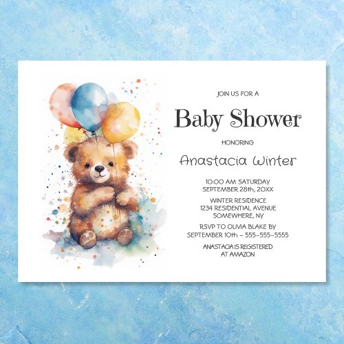 Watercolor Teddy Bear Baby Shower Invitation