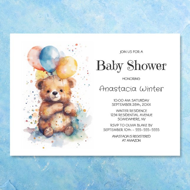 Watercolor Teddy Bear Baby Shower Invitation (Creator Uploaded)
