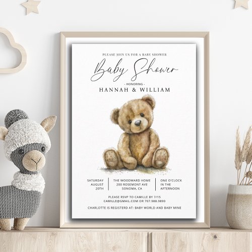 Watercolor Teddy Bear Baby Shower Invitation