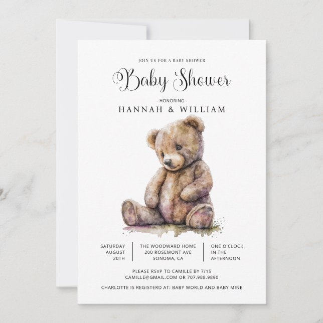 Watercolor Teddy Bear Baby Shower Invitation (Front)