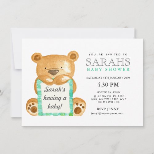 Watercolor Teddy Bear Baby Shower Invite