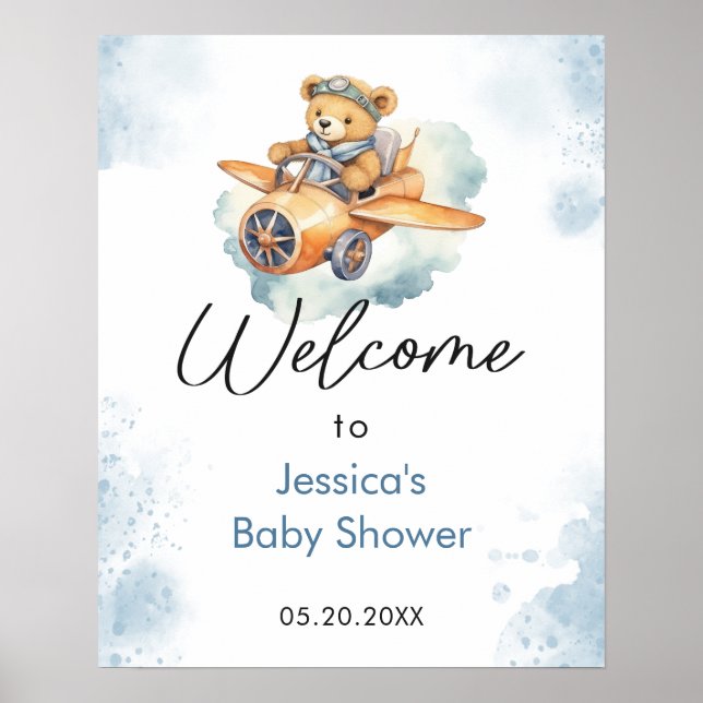 Watercolor Teddy Bear Baby Shower Welcome Poster (Front)