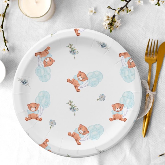 Watercolor Teddy Bear Balloon Boy Baby Shower Paper Plates (Creator Uploaded)