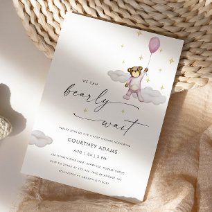 Watercolor Teddy Bear Balloon Pink Baby Shower Invitation