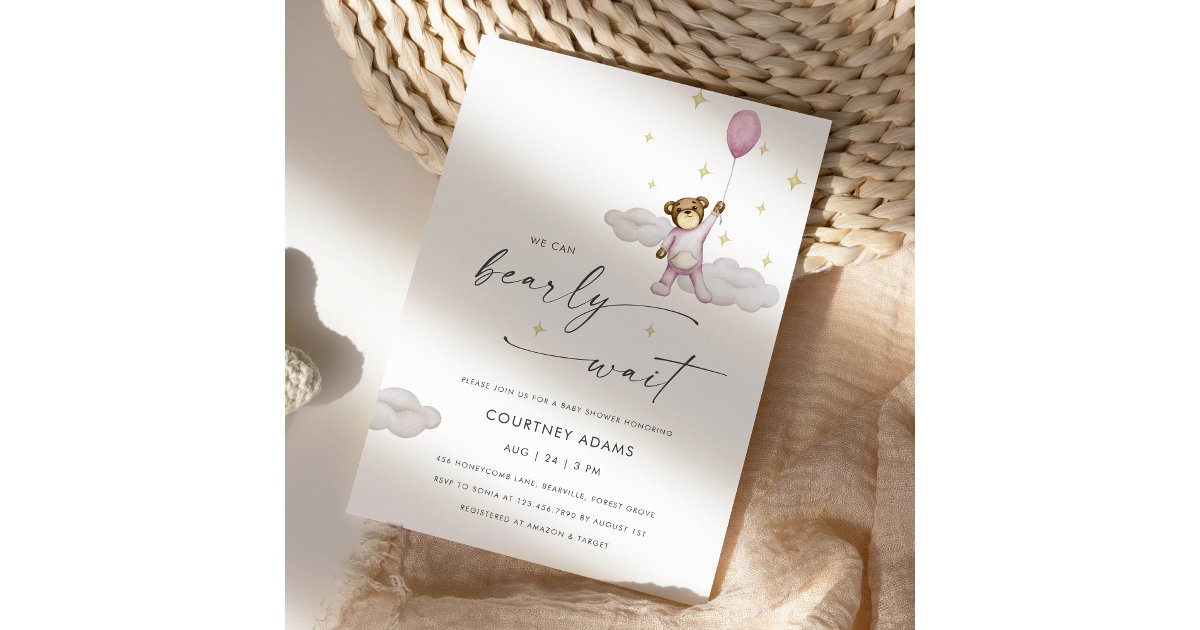 Watercolor Teddy Bear Balloon Pink Baby Shower Invitation | Zazzle