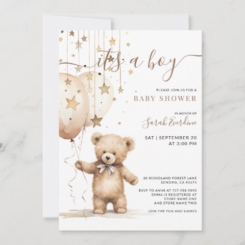 Watercolor Teddy Bear Balloons Boy Baby Shower  Invitation