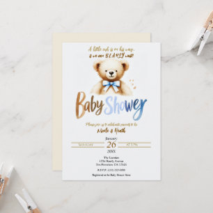 Watercolor Teddy Bear Bearly Blue Baby Shower Invitation