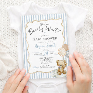 Watercolor Teddy Bear Bearly Wait Baby Boy Shower Invitation