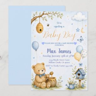 Watercolor Teddy Bear Bee Baby Boy Baby Shower Invitation