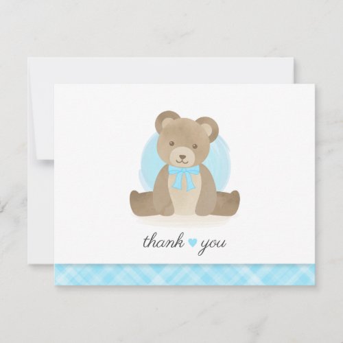 Watercolor Teddy Bear Blue Baby Shower Thank You Note Card