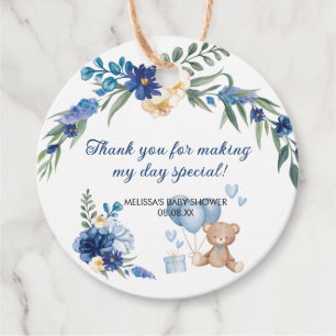 Watercolor Teddy Bear Blue Balloon Flower Favor Tags