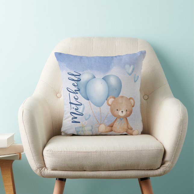 Watercolor Teddy Bear Blue Balloon Personalize Throw Pillow (Creator Uploaded)
